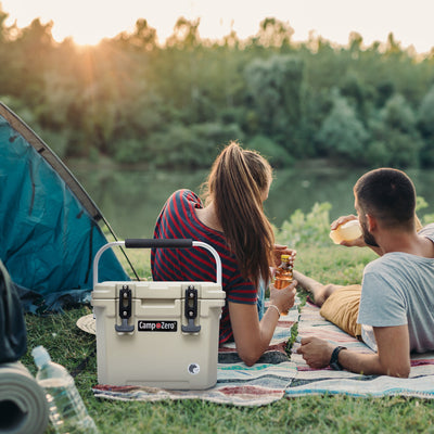 CAMP-ZERO 10 L 10.6 Qt Lidded Cooler w/ 2 Molded In Cup Holders, Beige(Open Box) - VMInnovations