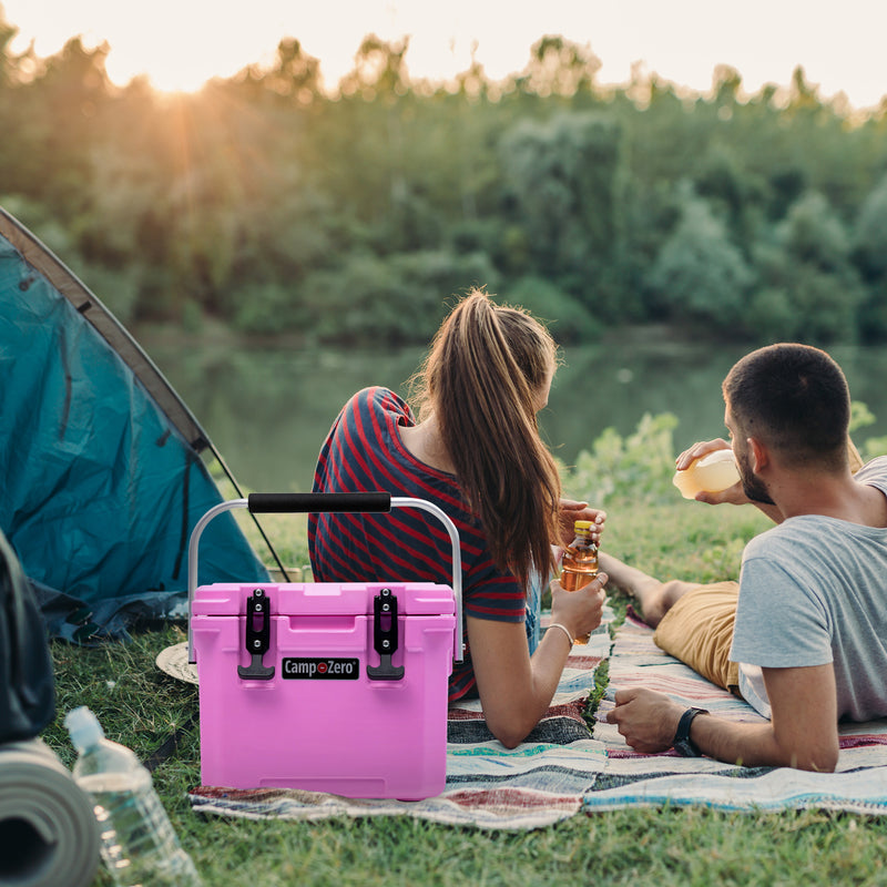 CAMP-ZERO 10 Lt 10.6 Qt Lidded Cooler w/2 Molded In Cup Holders, Pink (Open Box)