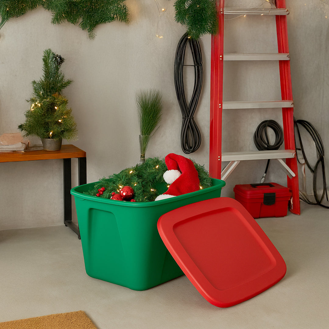 18gl Heavy Duty Plastic Holiday Storage Totes, Green/Red (4 Pack)(Open Box)