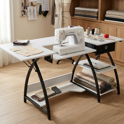 Sew Ready Comet Plus Hobby Sewing Table with Storage Drawer and Shelves, Black - VMInnovations