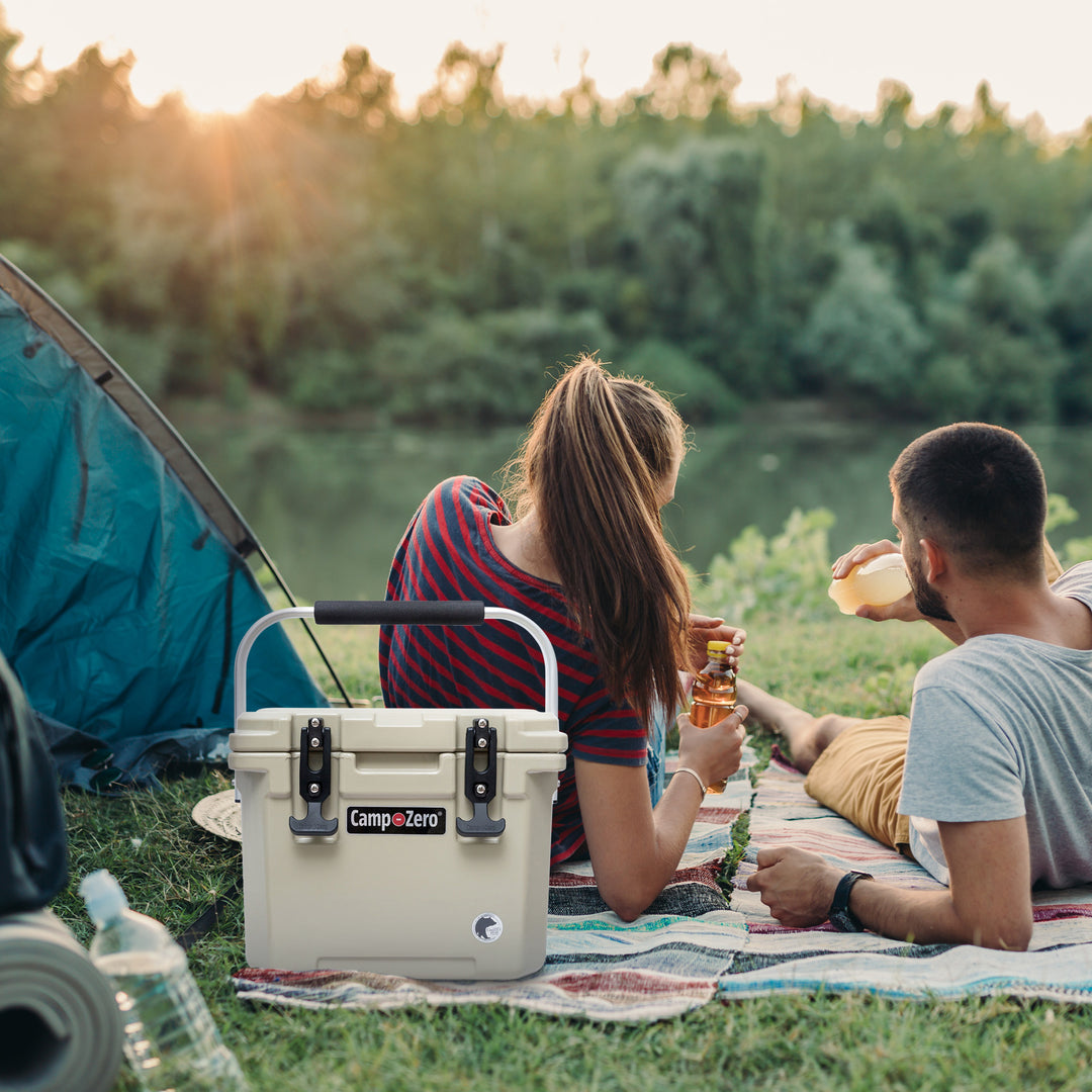CAMP-ZERO 10 L 10.6 Qt Lidded Cooler w/ 2 Molded In Cup Holders, Beige(Open Box) - VMInnovations