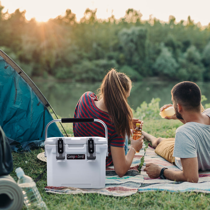 CAMP-ZERO 10 Liter 10.6 Quart Lidded Cooler with 2 Molded In Cup Holders, White - VMInnovations