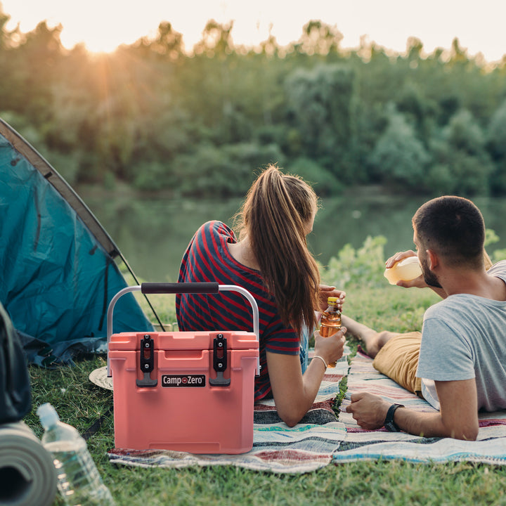 CAMP-ZERO 10 Liter 10.6 Quart Lidded Cooler with 2 Molded In Cup Holders, Coral - VMInnovations