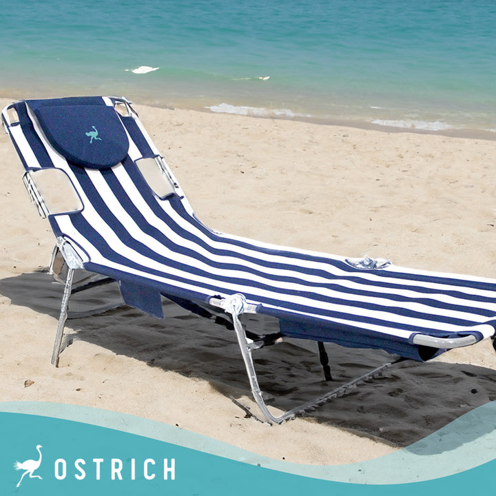Ostrich Backpack Chaise Folding Lounge Chair w/Storage Bag, Navy Stripe (2 Pack) - VMInnovations