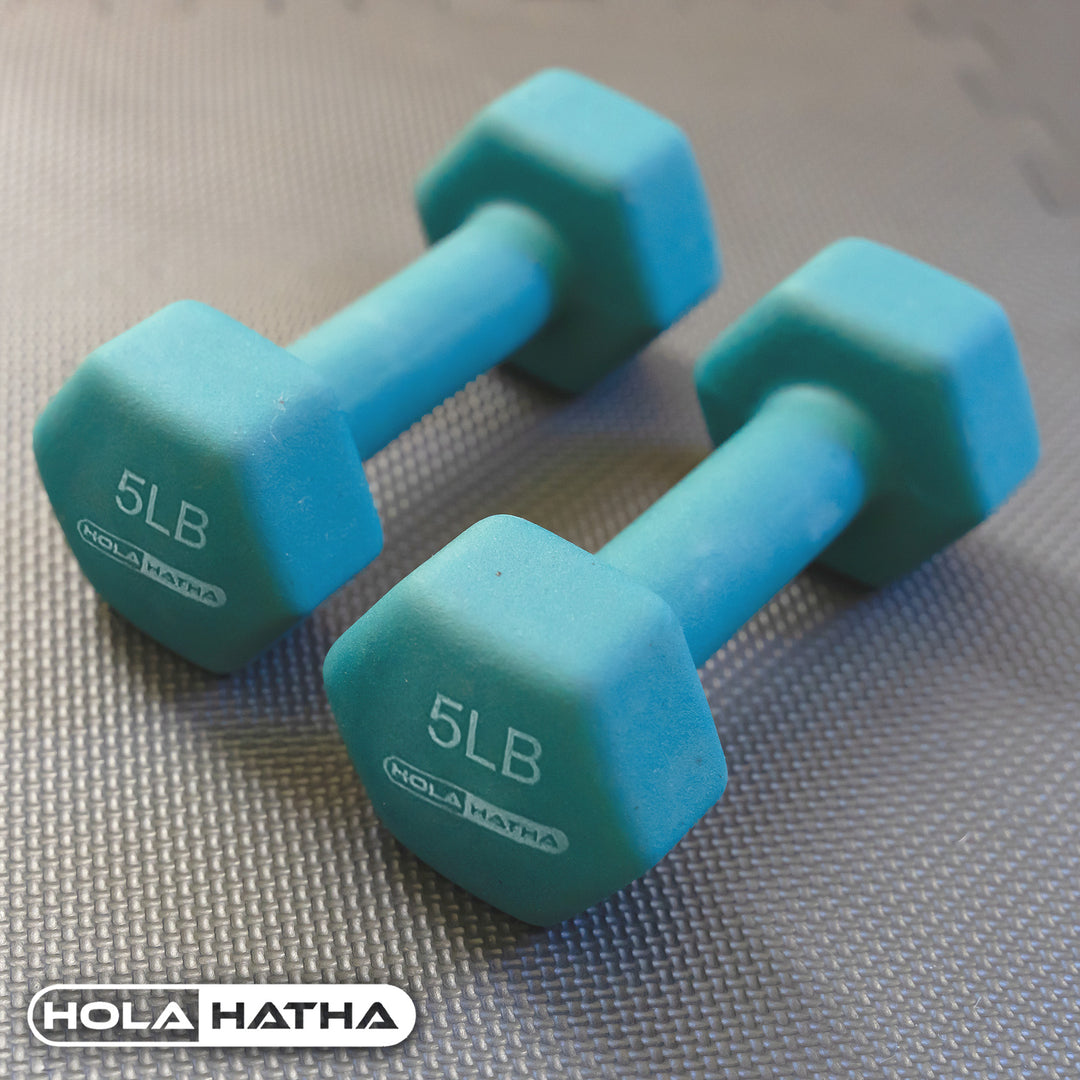 HolaHatha Dumbbell Weight Set w/ 3, 5 & 8 LB Hand Weights & Storage Rack (Used)