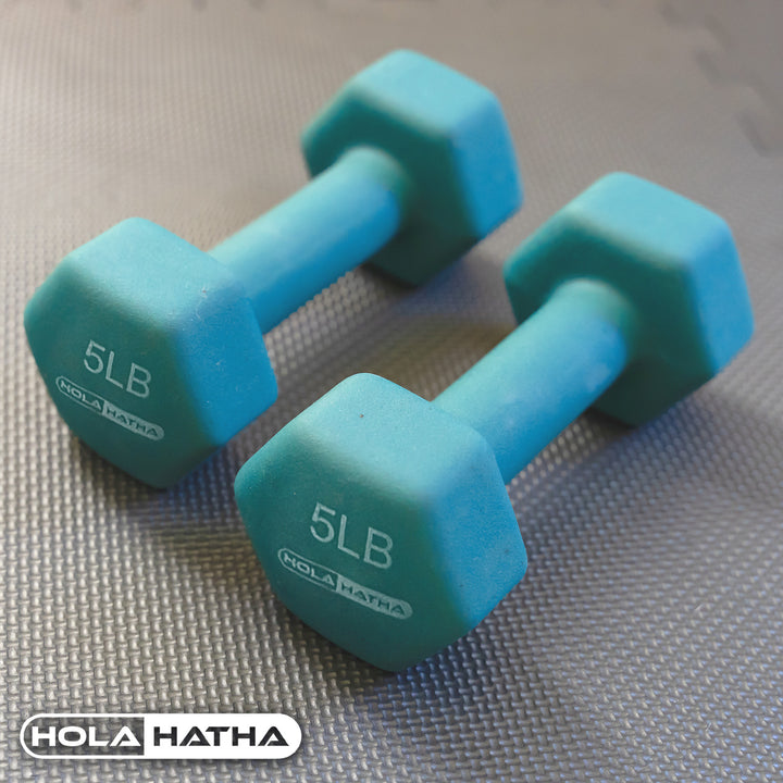 HolaHatha Dumbbell Weight Set w/ 3, 5 & 8 LB Hand Weights & Storage Rack (Used)