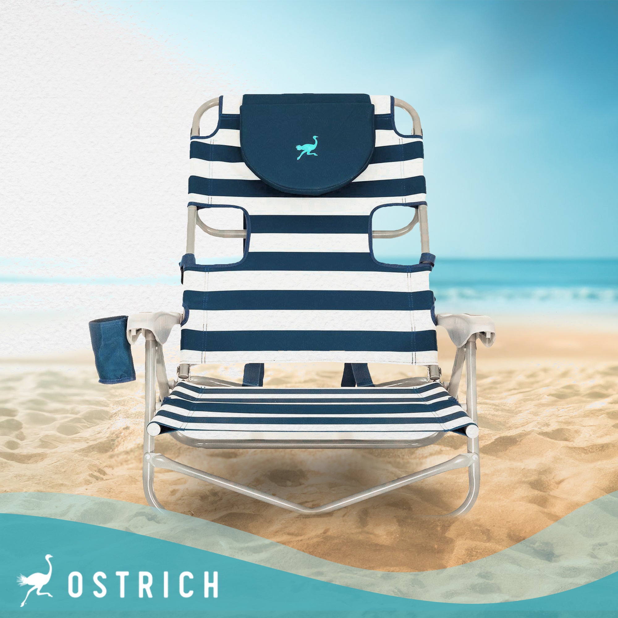 Ostrich 3N1 Altitude 16'' Recline Beach Chair & On Your Back Chair, Striped Blue