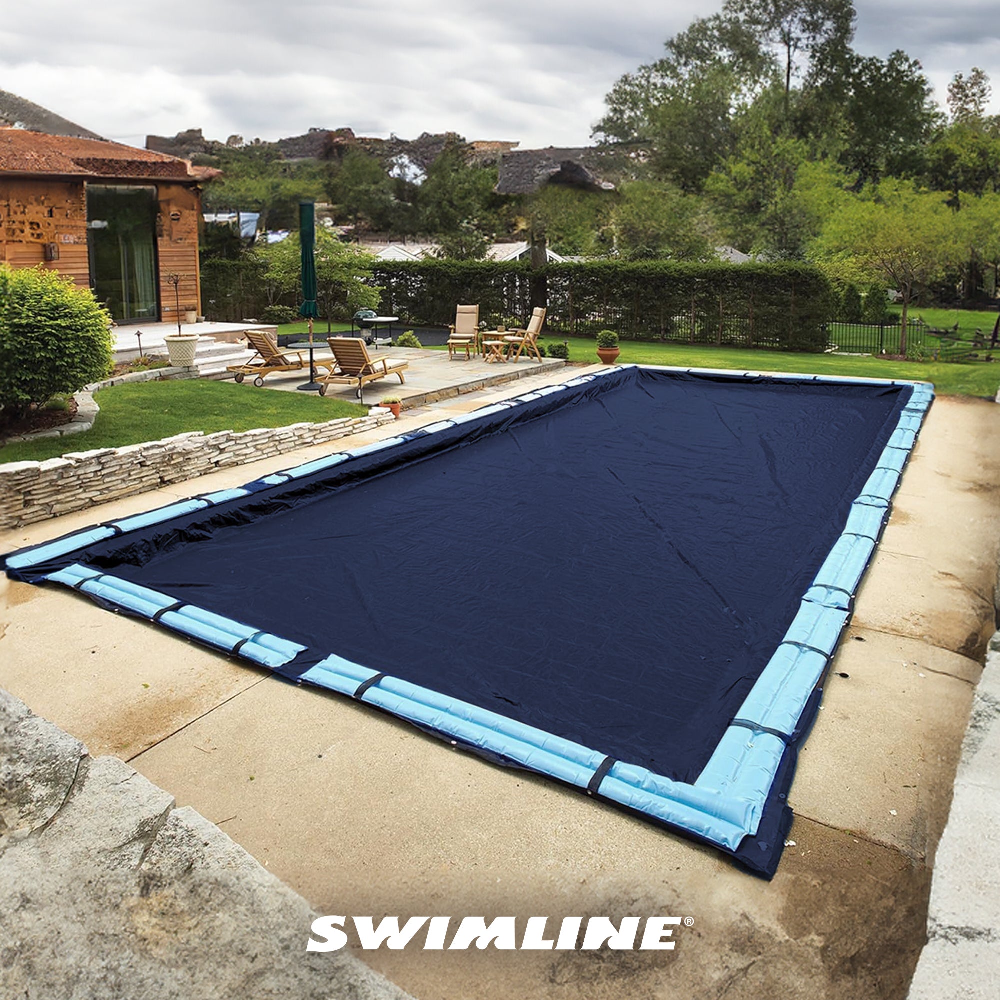 25' x 45' Dark Blue Winter Rectangular In Ground Pool Cover w/ 10 Ft Water Tubes - VMInnovations