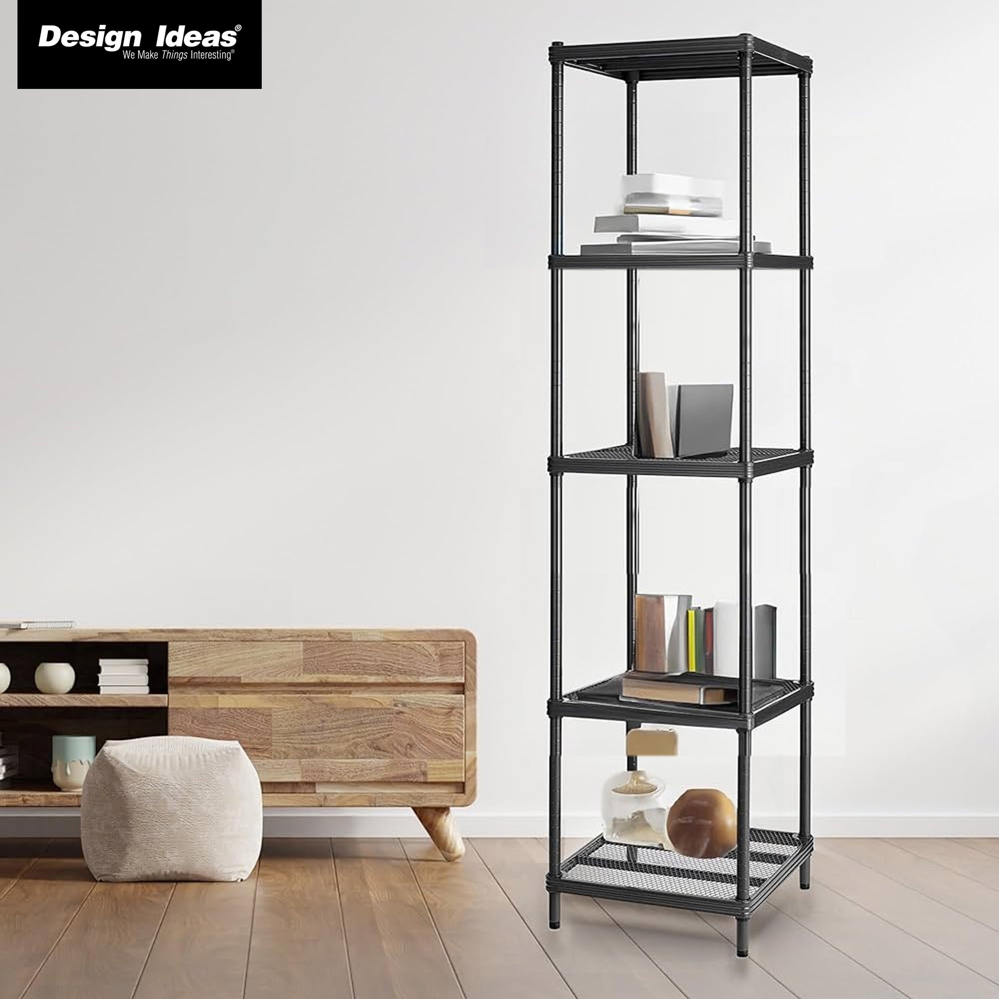 Design Ideas MeshWorks 5 Tier Tower Metal Storage Shelving Unit Rack, Black - VMInnovations
