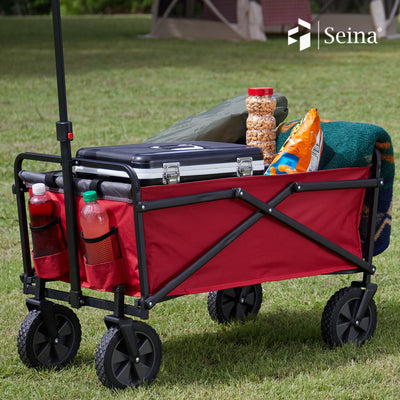 Seina 150lb Capacity Folding Collapsible Steel Utility Wagon Cart, Red/Gray