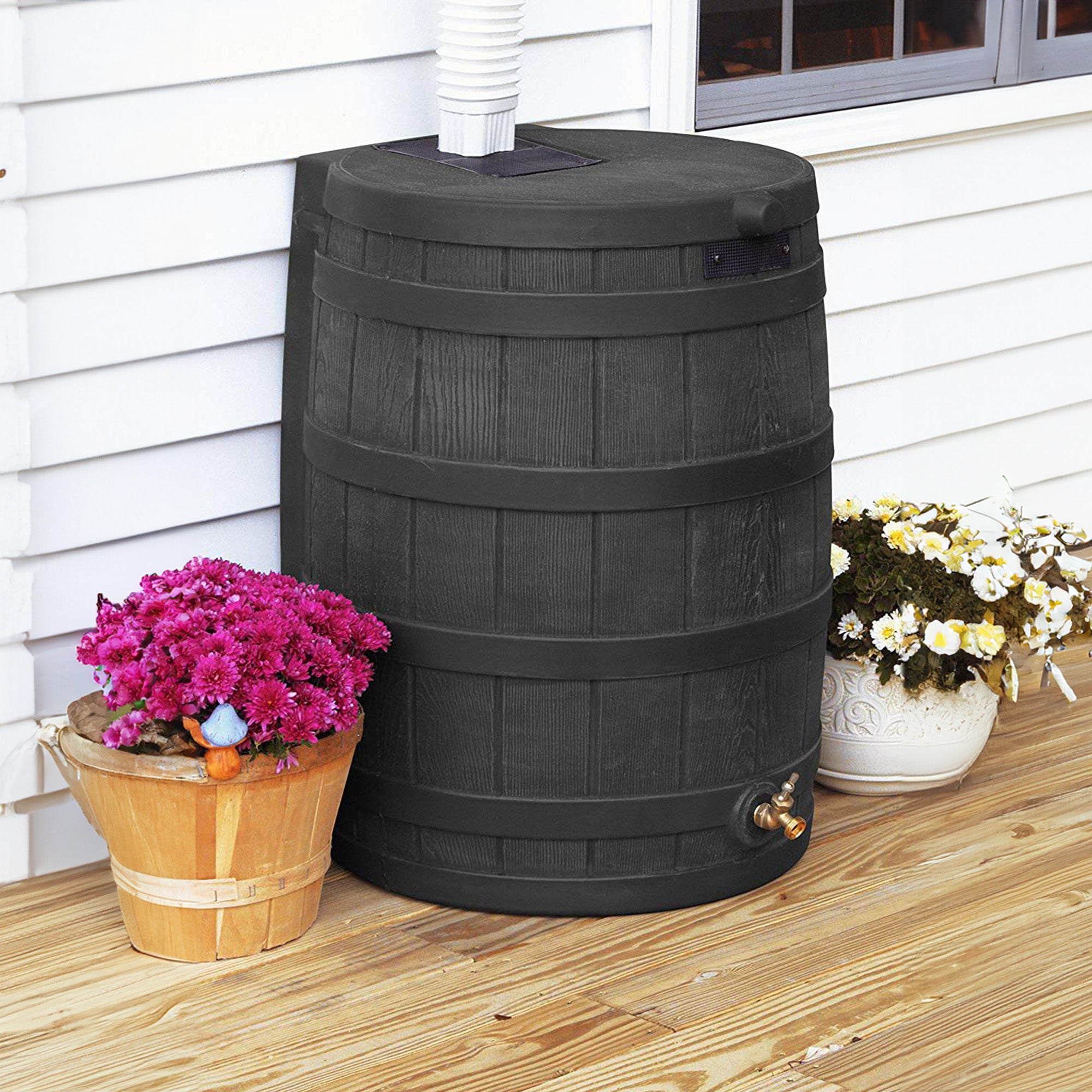 Good Ideas Rain Wizard 50 Gallon Plastic Rain Barrel Water Collector, Black - VMInnovations