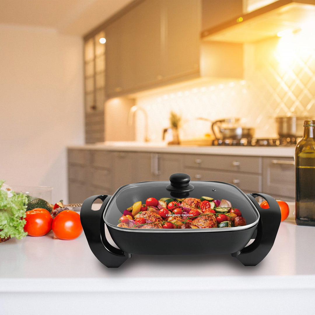 Complete Cuisine Electric Skillet with Glass Lid and Temperature Settings, 12"