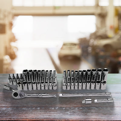 Master Mechanic 45-Piece SAE Socket Tool Set, 1/4 Inch Drive, Ratchet Wrench Kit - VMInnovations
