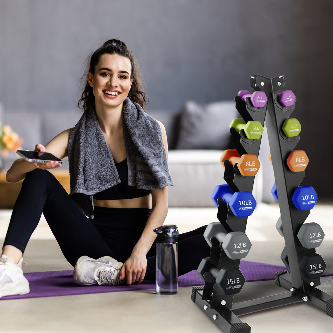 HolaHatha 3, 5, 8, 10, 12 & 15Lb Dumbbell Weight Set w/Storage Rack (For Parts) - VMInnovations