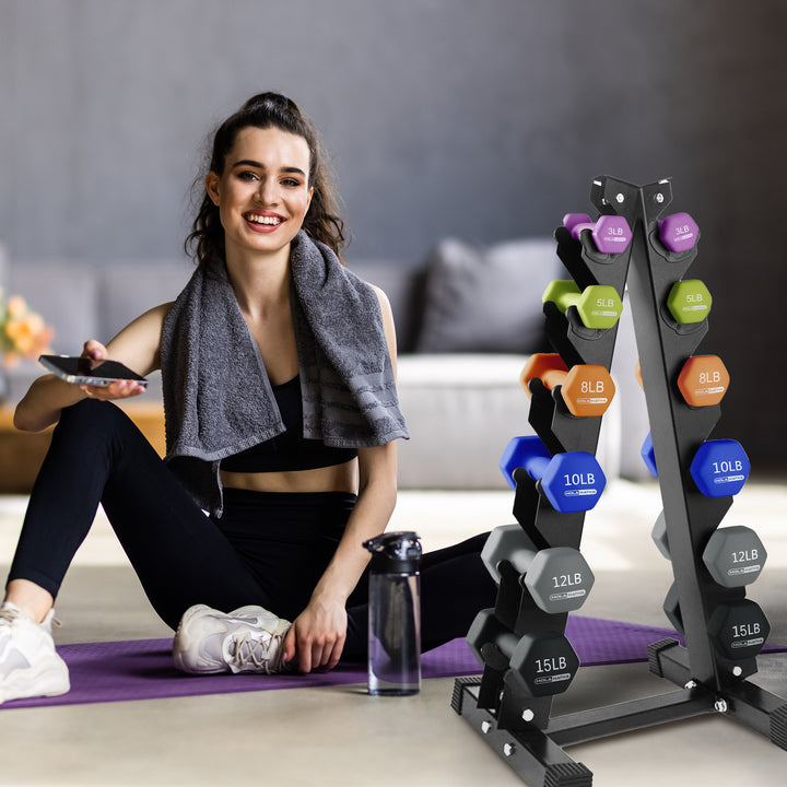 HolaHatha 3, 5, 8, 10, 12 & 15Lbs Neoprene Dumbbell Set w/Storage Rack(Open Box) - VMInnovations