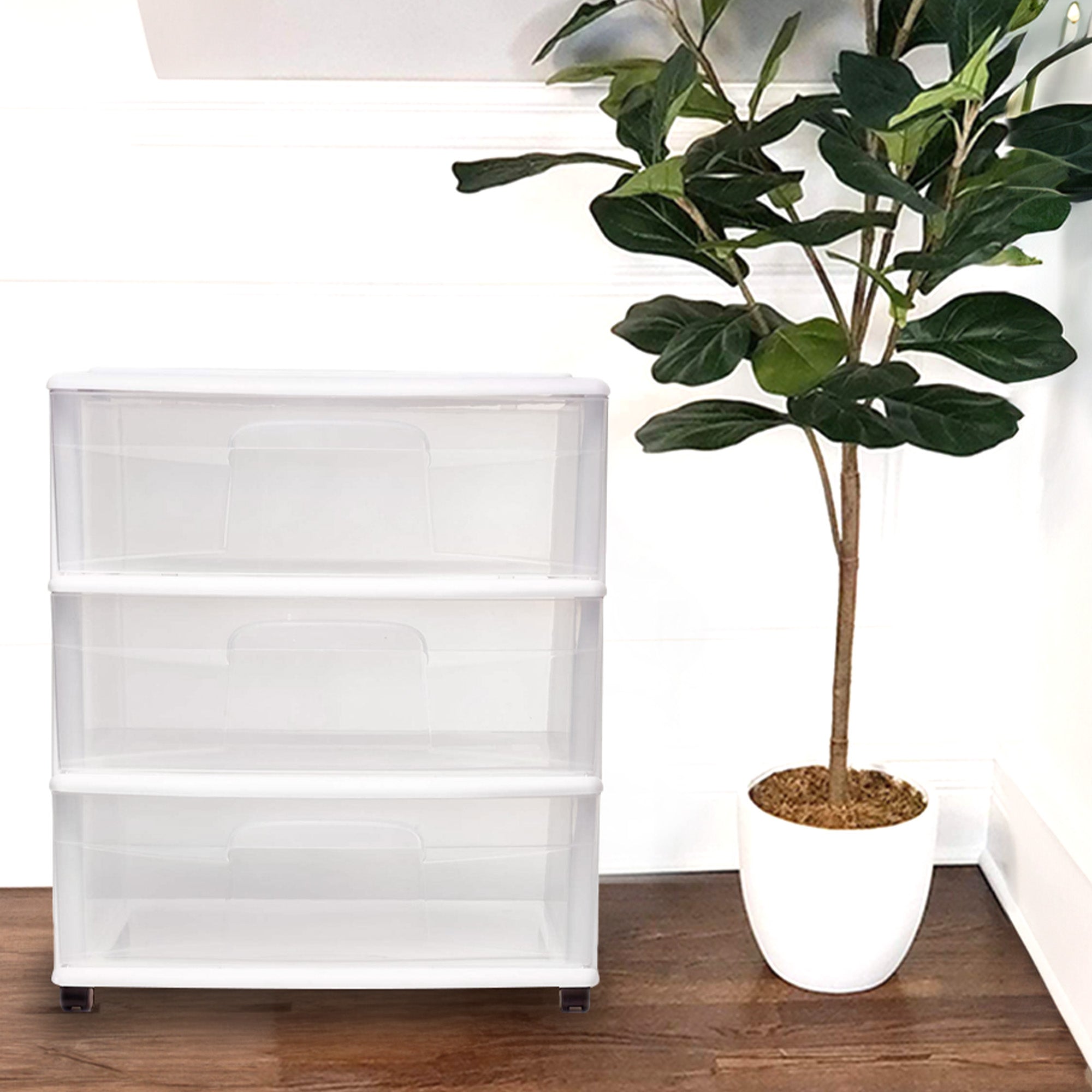 Homz Plastic 3 Clear Drawer Small Rolling Container Tower, White Frame(Open Box) - VMInnovations