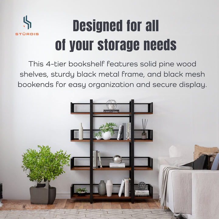 Sturdis 4 Tier Solid Wood Metal Bookshelf with Mesh Barriers, Black (Open Box)