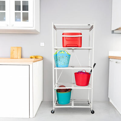 Origami Large Wheeled 5-Shelf Folding Steel Wire Shelving, White (Used) - VMInnovations