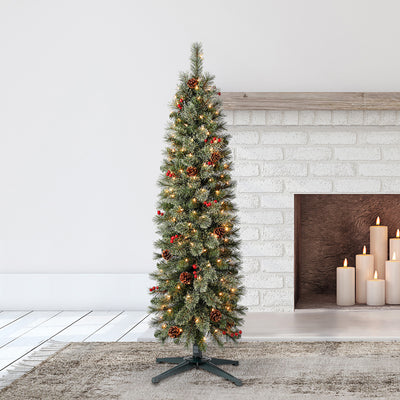 Home Heritage 5ft Stanley Cashmere Tree w/ Lights, Pinecone and Red Berry (Used) - VMInnovations