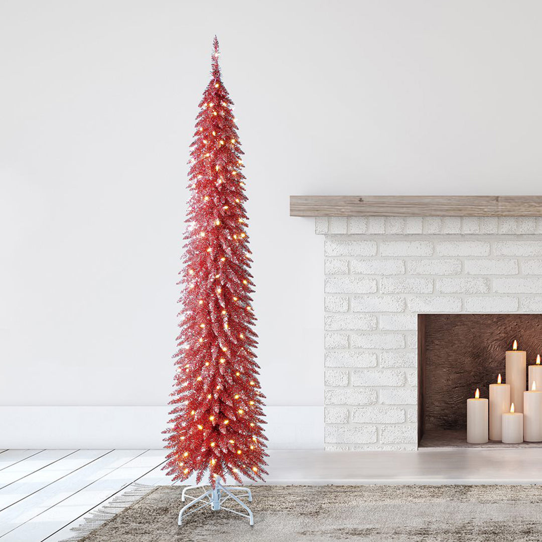 Home Heritage Tinsel 7' Pencil 150 LED Pre-Lit Artificial Christmas Tree, Pink