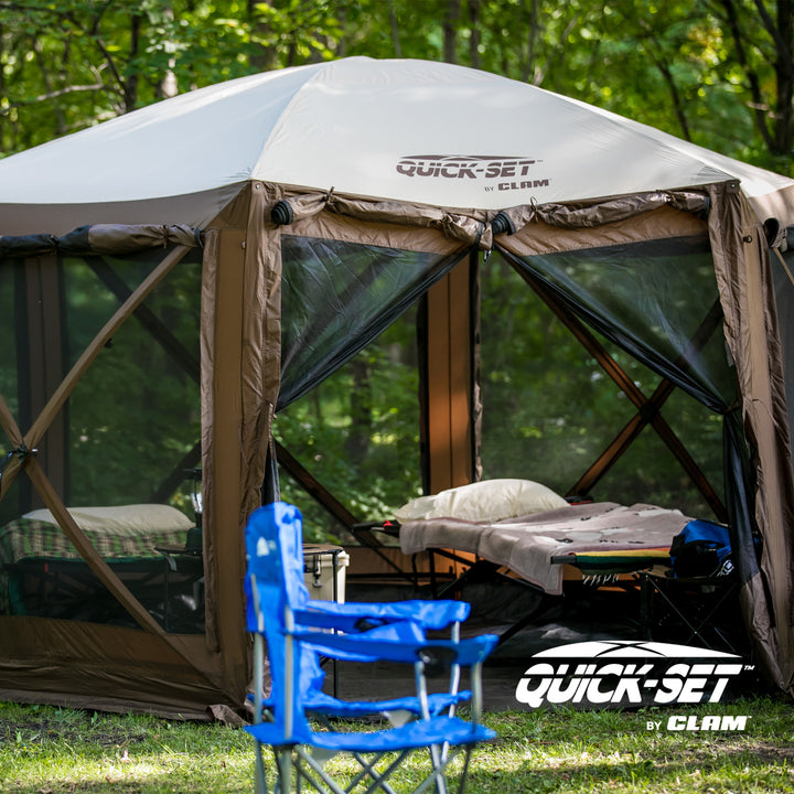 CLAM Quick-Set Pavilion Camper 12.5' x 12.5' Shelter, Brown w/Rain Fly Tarp, Tan