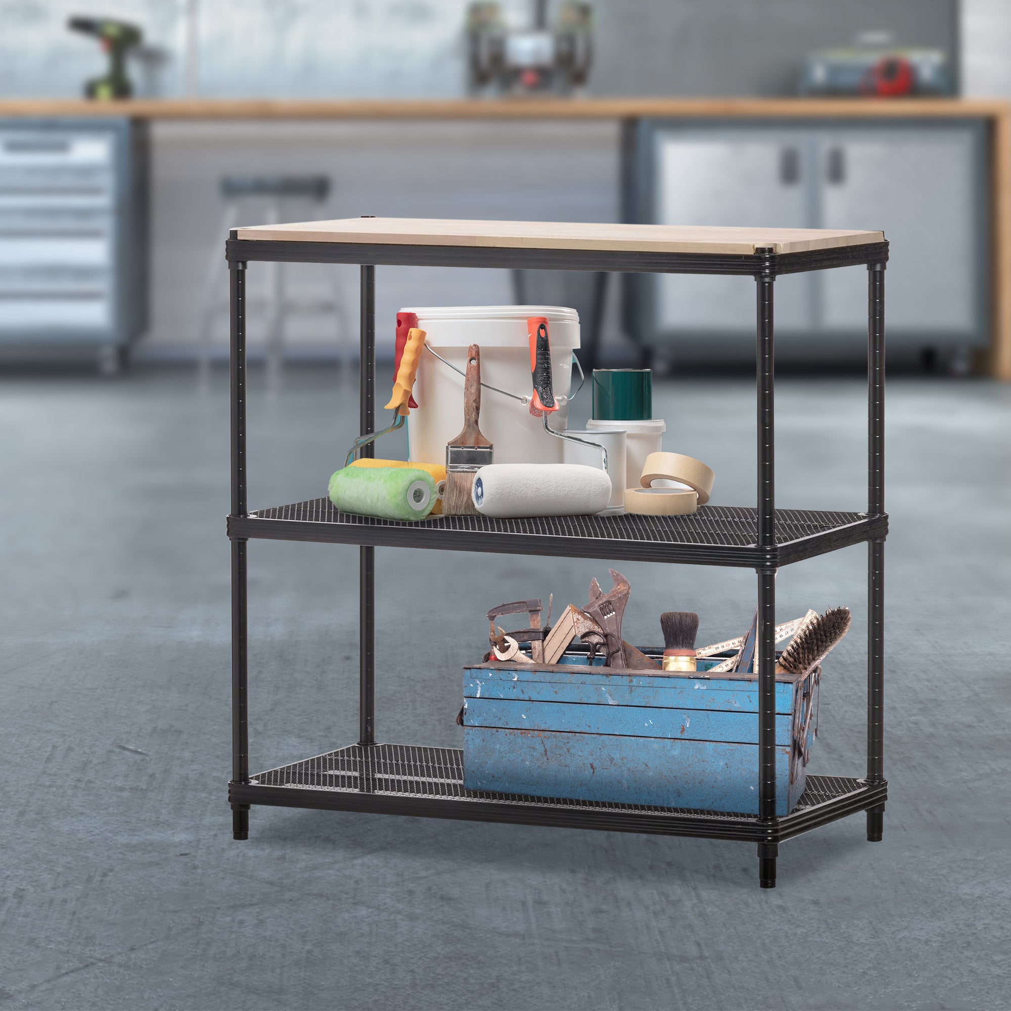 Design Ideas Metal Storage Wood Top Workbench Shelving Unit, Black (Open Box) - VMInnovations