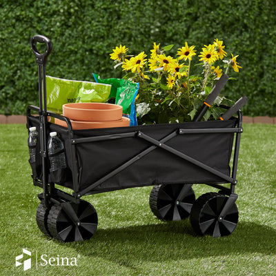 Seina Steel Frame Folding Utility Beach Wagon Outdoor Cart, Black (Open Box)