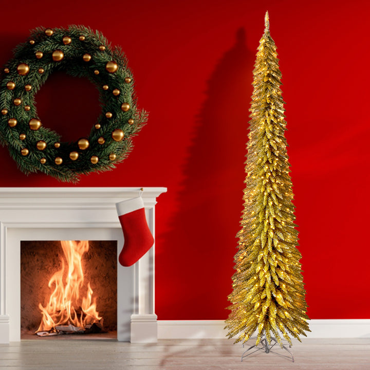 Home Heritage Tinsel 9' Pencil 250 LED Pre-Lit Artificial Christmas Tree, Gold