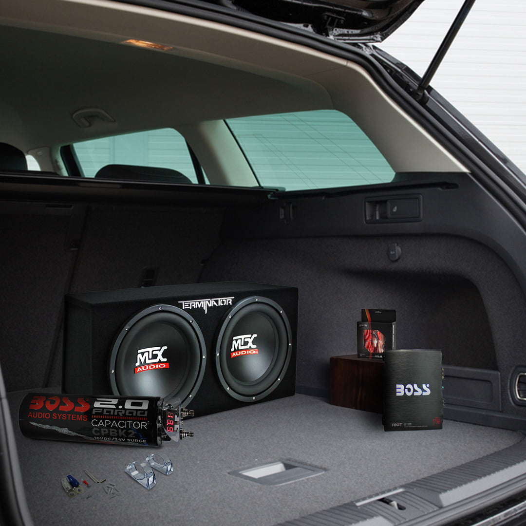 MTX TNE212D 12" 1200W Dual Loaded Car Subwoofer & 1100W Amp with Kit & Capacitor