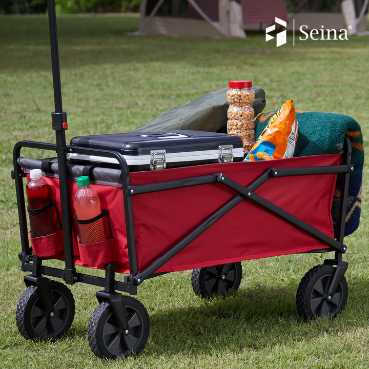 Seina 150lb Capacity Folding Collapsible Steel Utility Wagon Cart, Red/Gray