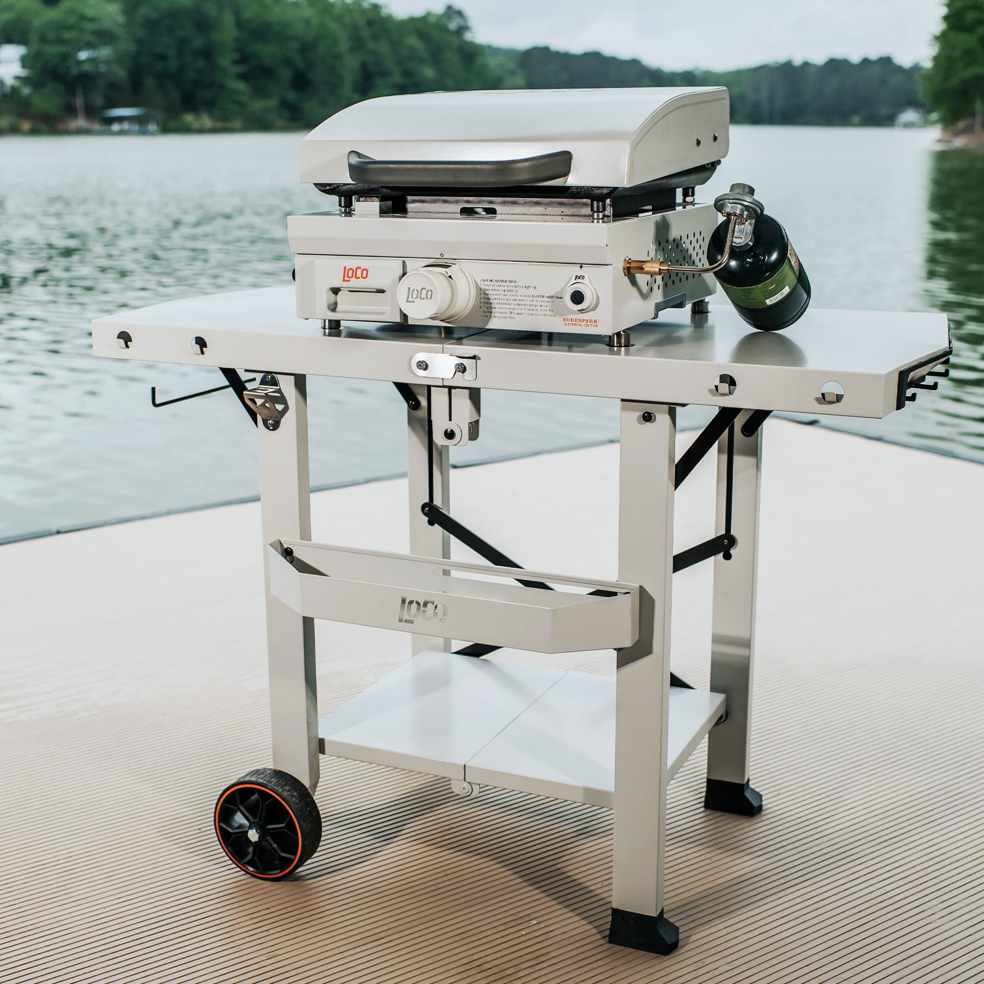 Loco Cookers Steel Tabletop Foldable Prep Cart with Condiment Holder, Chalk - VMInnovations