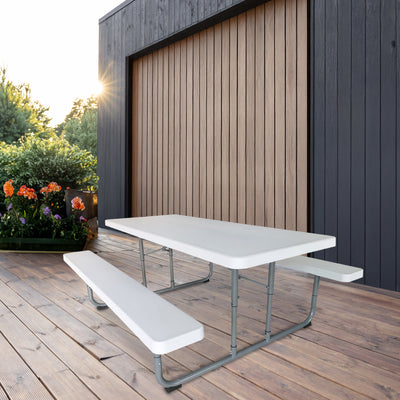 Peakform 6 Foot Rectangular Picnic Table, Double Bench Wood Grain Seating, White - VMInnovations