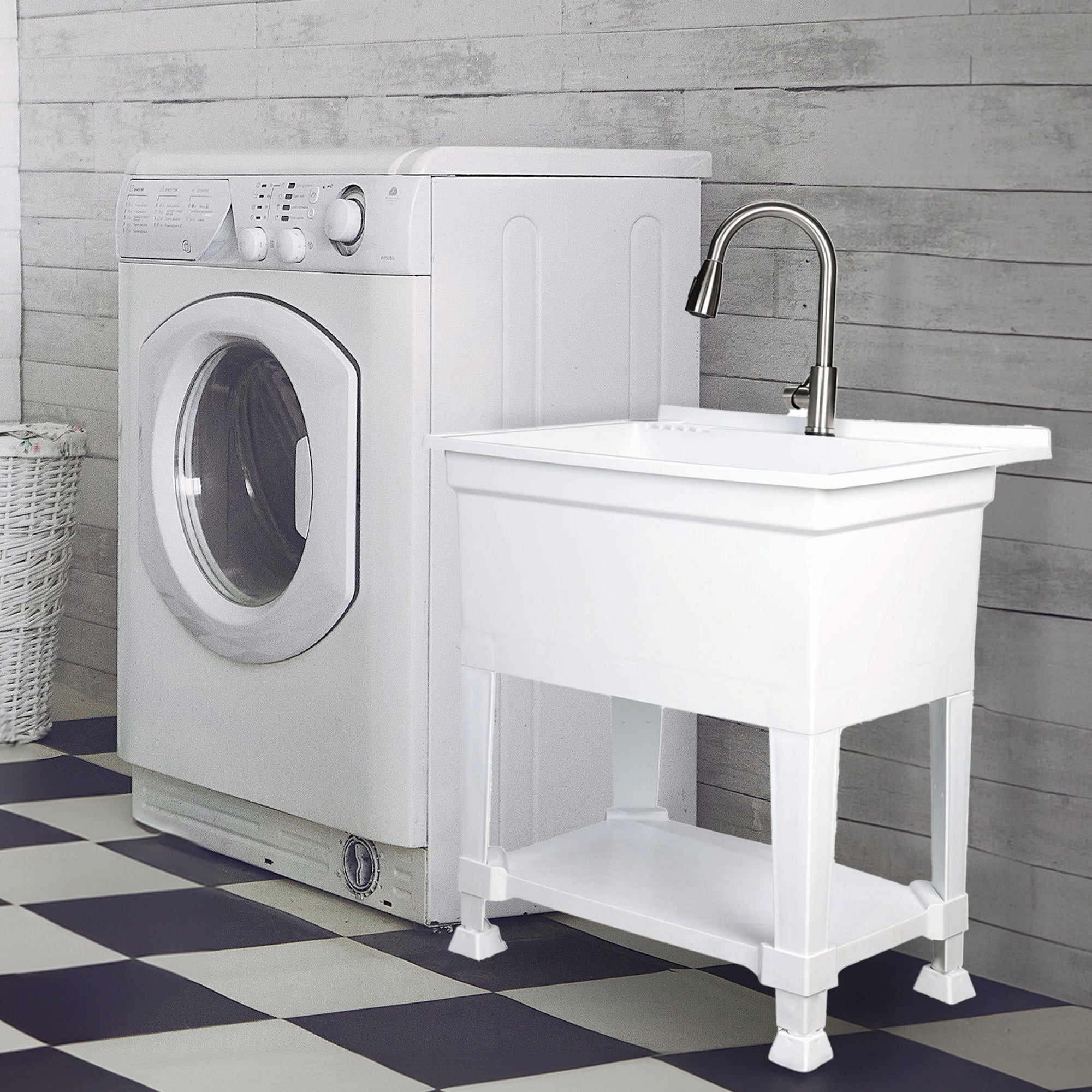 UTILITYSINKS Plastic 30” Freestanding Utility Tub Sink with Pull Faucet, White - VMInnovations