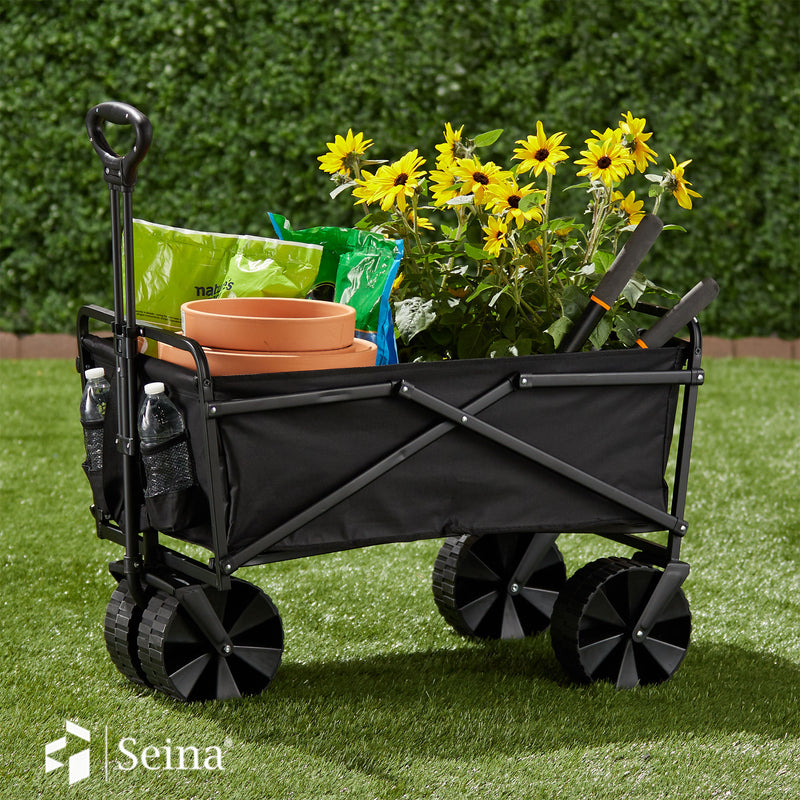 Seina Steel Frame Folding Utility Beach Wagon Outdoor Cart, Black (Open Box)