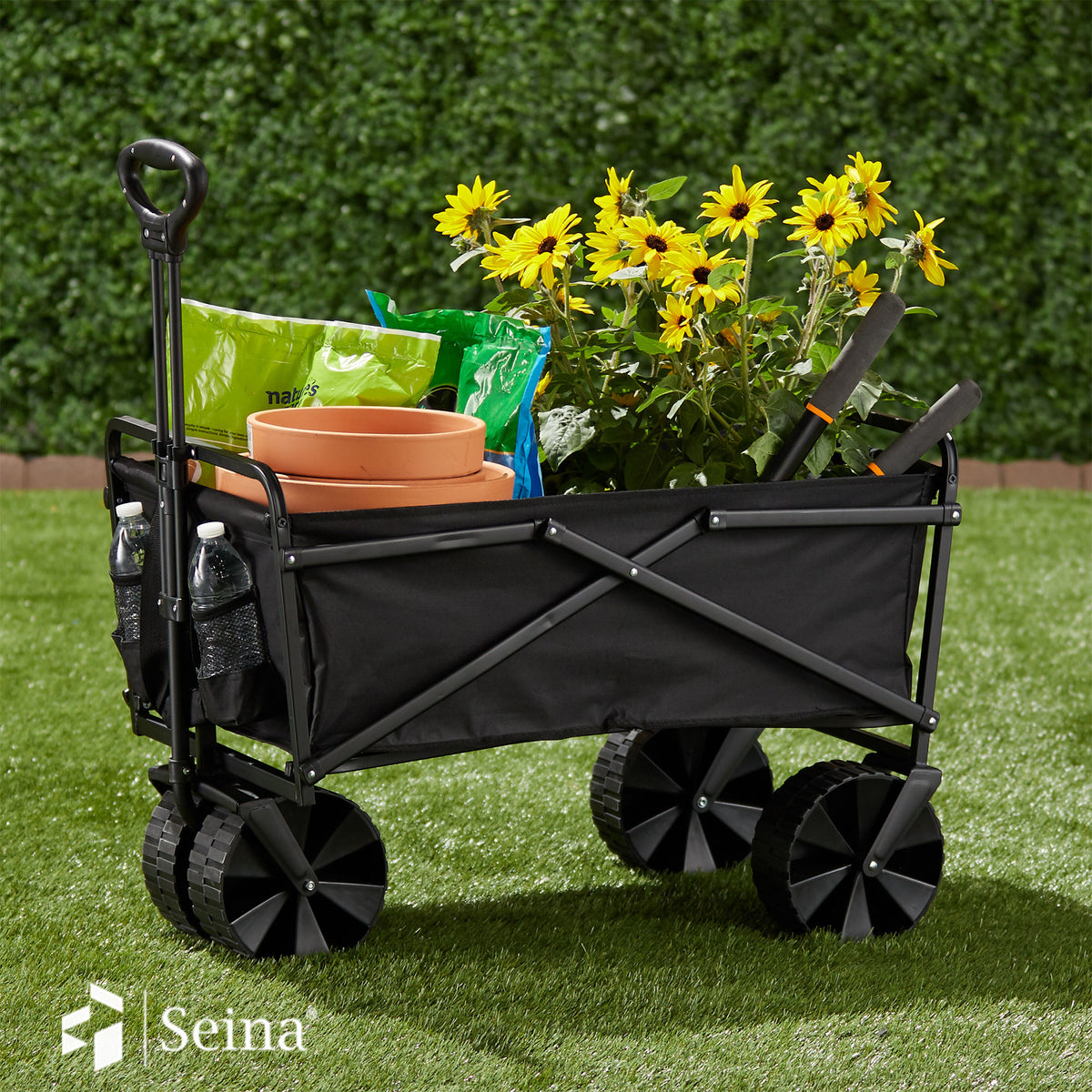 Seina 150lb Capacity Collapsible Steel Frame Outdoor Utility Wagon Cart, Black - VMInnovations