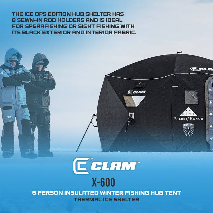 Clam Thermal Ice Shelter 6 Person Insulated Winter Fishing Hub Tent X-600, Black - VMInnovations