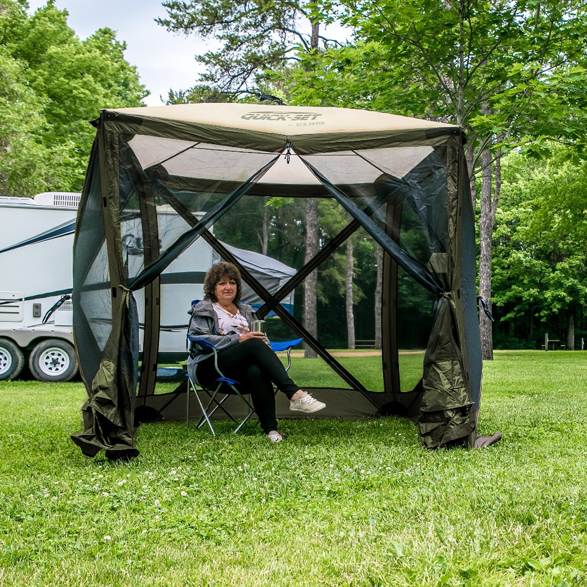 CLAM Quick-Set Traveler 6x6Ft Outdoor 4 Sided Canopy Shelter, Green/Tan (Used) - VMInnovations