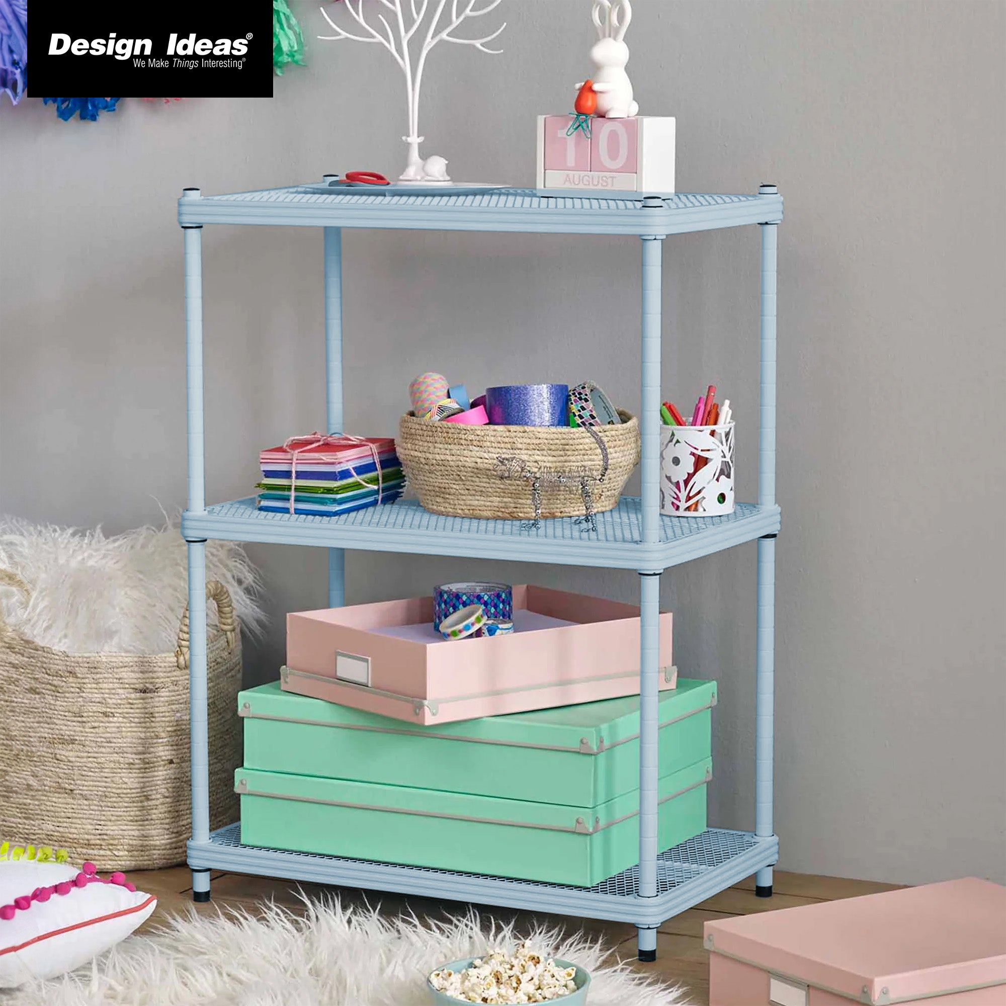 Design Ideas MeshWorks 3 Tier Full-Size Metal Storage Shelving Unit Rack, Blue - VMInnovations