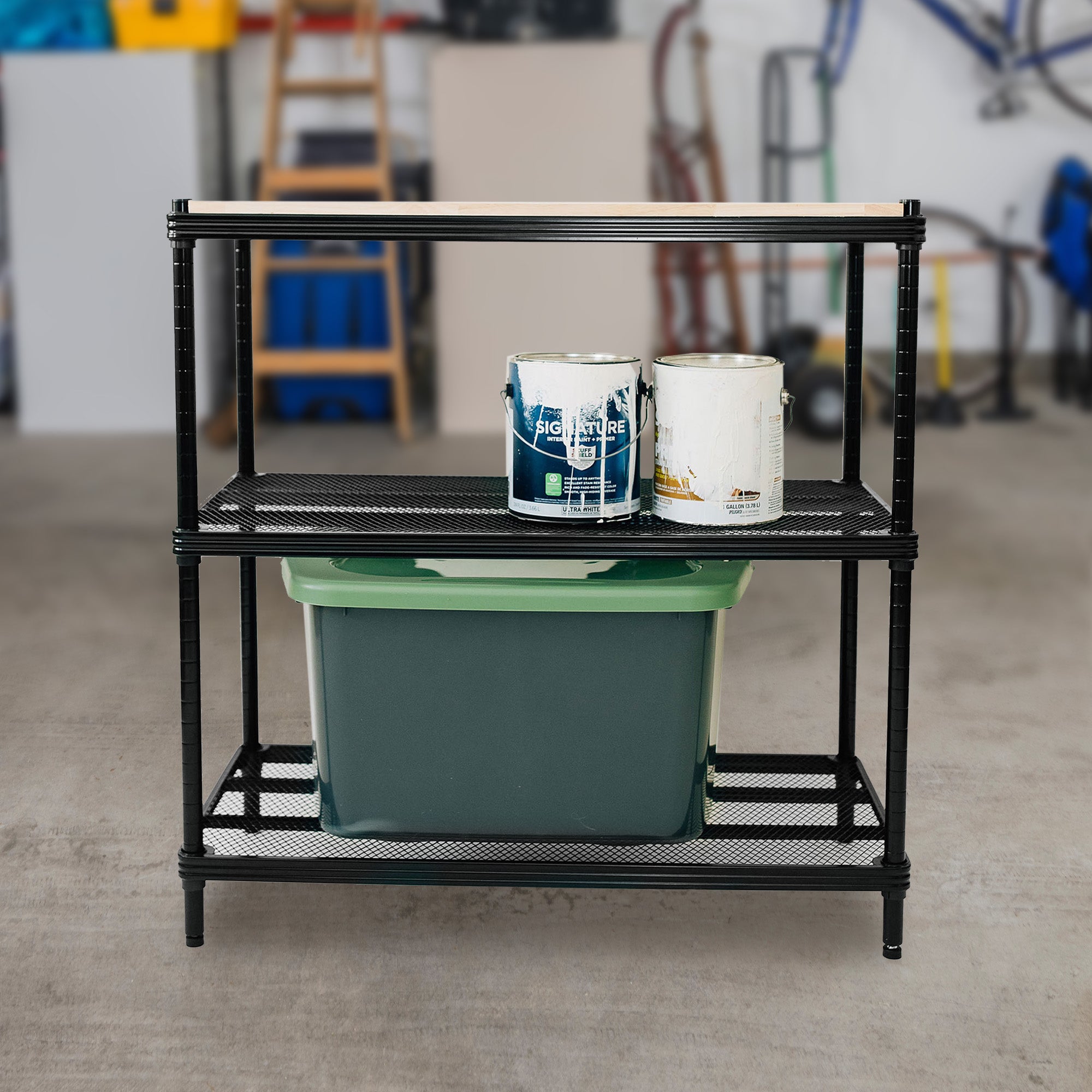 Design Ideas Metal Storage Wood Top Workbench Shelving Unit, Black (Open Box) - VMInnovations