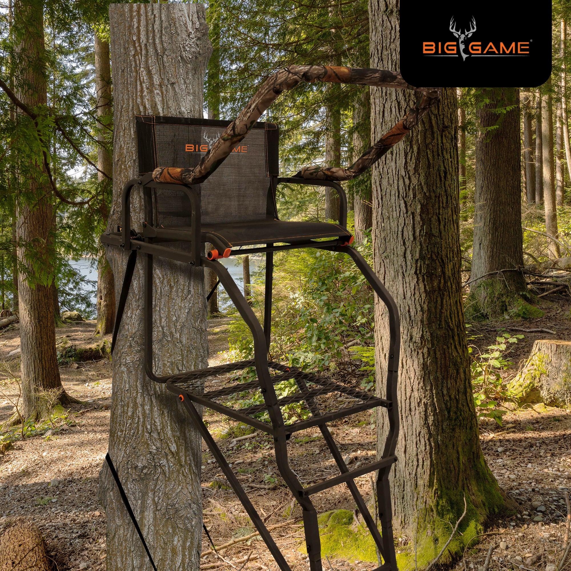 Big Game XL 17.5' Ladder Treestand with Flip-Back Seat and Rail, Black(Open Box) - VMInnovations