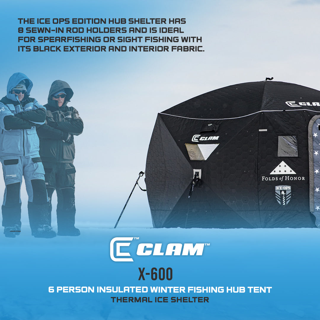 Clam Thermal Ice Shelter 6 Person Insulated Winter Fishing Hub Tent X-600, Black - VMInnovations