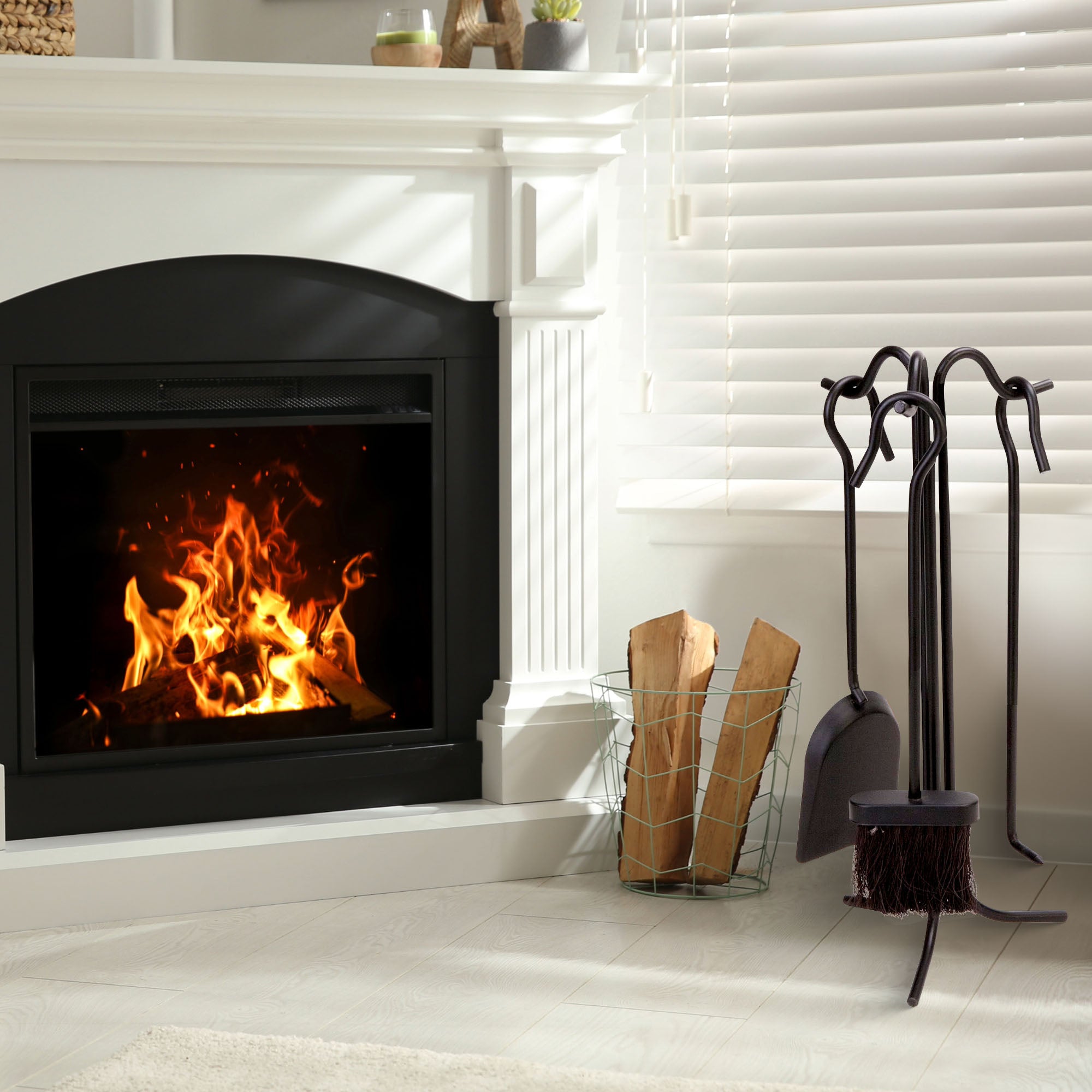 Panacea 4 Piece Fireplace Tool Set with Brush, Shovel, Poker, and Stand, Black - VMInnovations