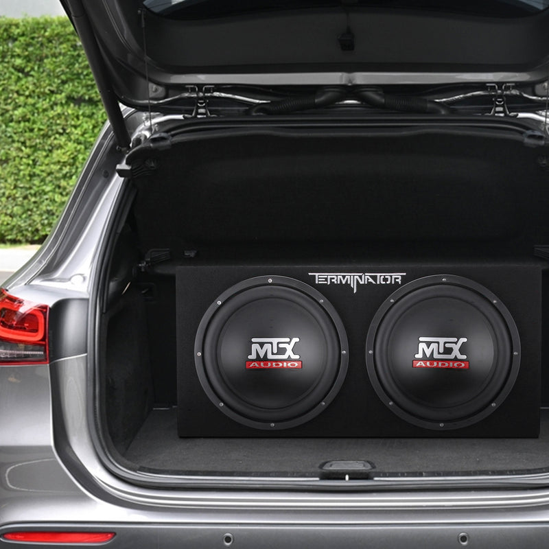 MTX 12 Inch Dual Car Subwoofer Audio, Sub Box, & Amplifier Bundle w/ Wiring Kit