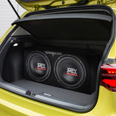 MTX 12 Inch Dual Car Subwoofer Audio, Sub Box, & Amplifier Bundle w/ Wiring Kit