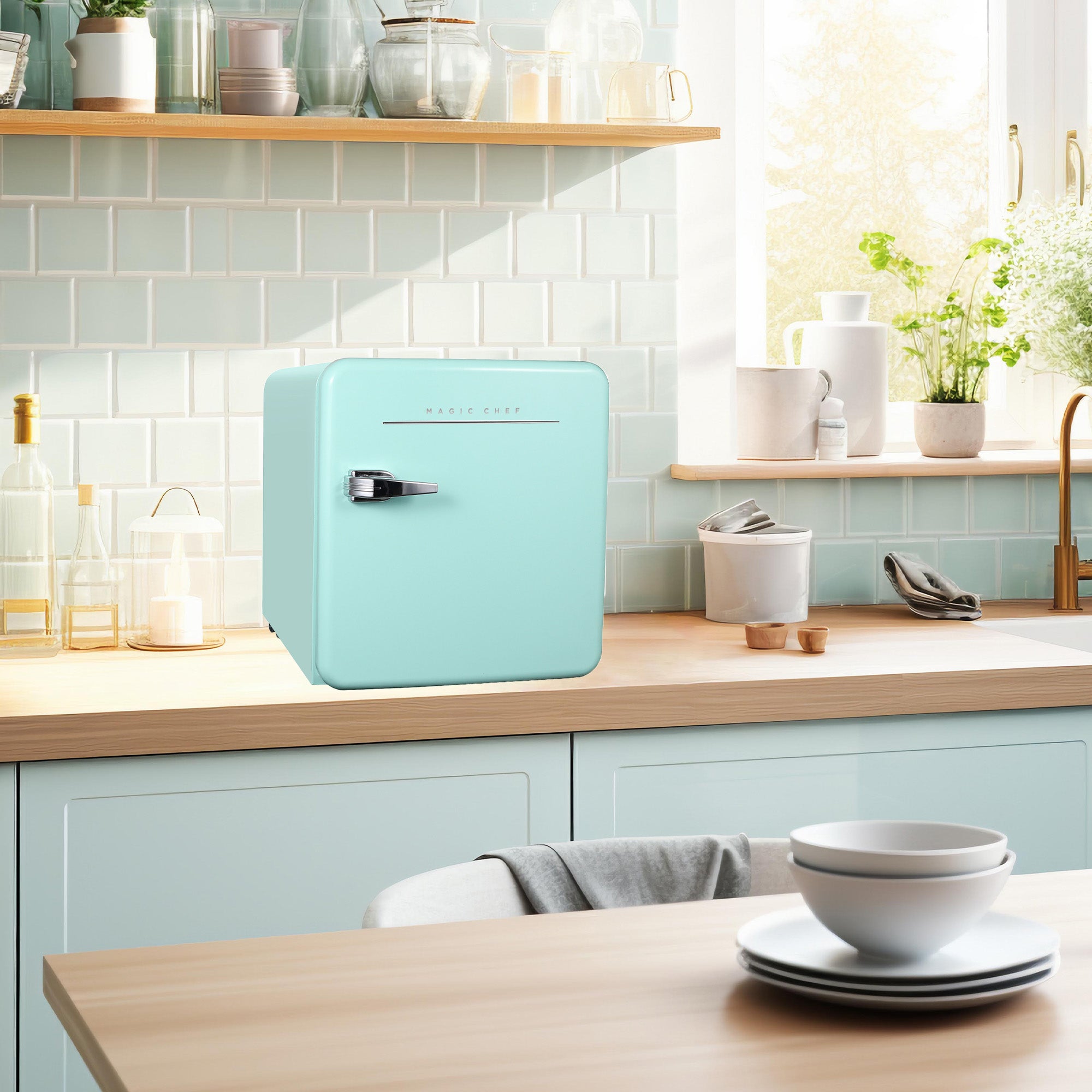 Magic Chef 1.6 Cubic Feet Retro Style Mini Fridge with Interior LED Light, Mint - VMInnovations