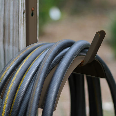 Suncast Metal Wall Mount Hose Hanger Holds up to 150 Foot Garden Hose, Brown - VMInnovations