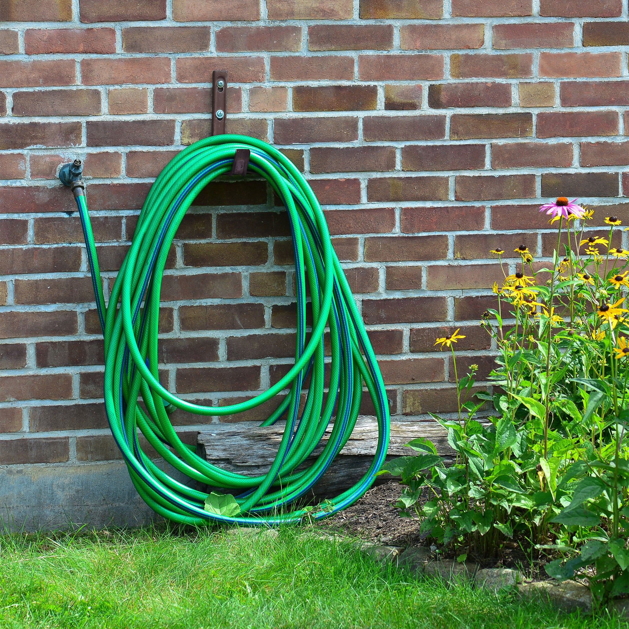 Suncast Metal Wall Mount Hose Hanger Holds up to 150 Foot Garden Hose, Brown - VMInnovations