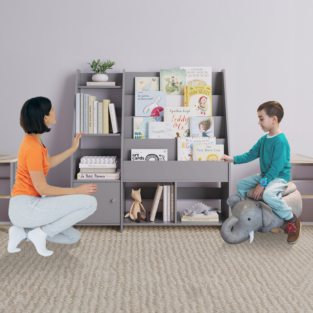 Sturdis Modern Round Edge Wooden Durable Kids Bookshelf with Step Shelves, Gray - VMInnovations