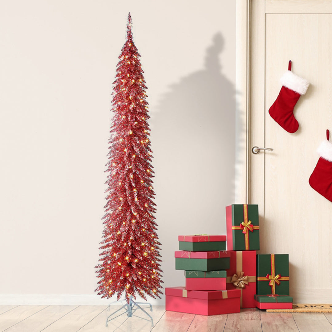 Home Heritage Tinsel 7' Pencil 150 LED Pre-Lit Artificial Christmas Tree, Pink - VMInnovations