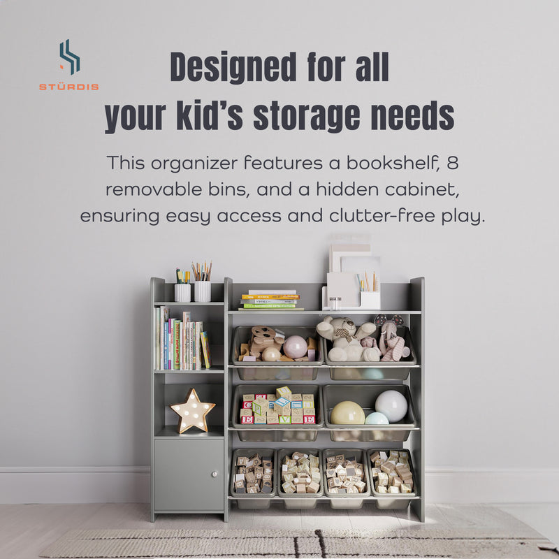 Sturdis Kids Toy Storage Organizer with Cabinet, Bookshelf and 8 Toy Bins, Gray